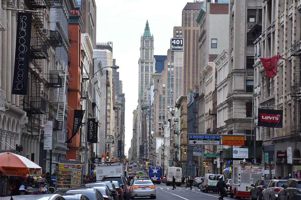 Looking south along Broadway through SoHo, Manhattan, in April 2015