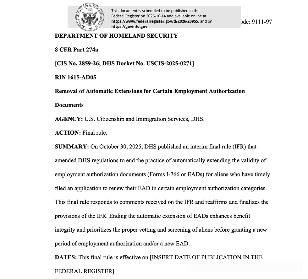 Federal Register document for DHS final rule ending automatic extensions of certain employment authorization documents in October 2026