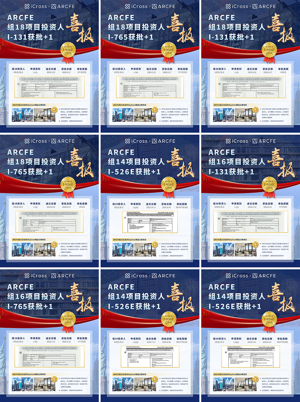 近期，ARCFE 共汇总获批喜报6份——涉及组7、组18、组20等多个项目，覆盖了I-765工卡、I-131回美纸、I-485身份调整申请等多个关键阶段。