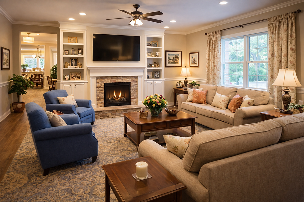Eye-level view of a cozy assisted living facility common room with comfortable seating