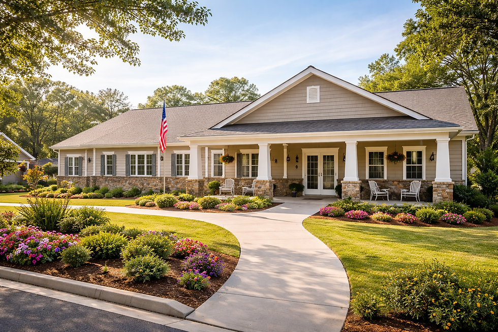 Wide angle view of a modern assisted living facility exterior with landscaped gardens