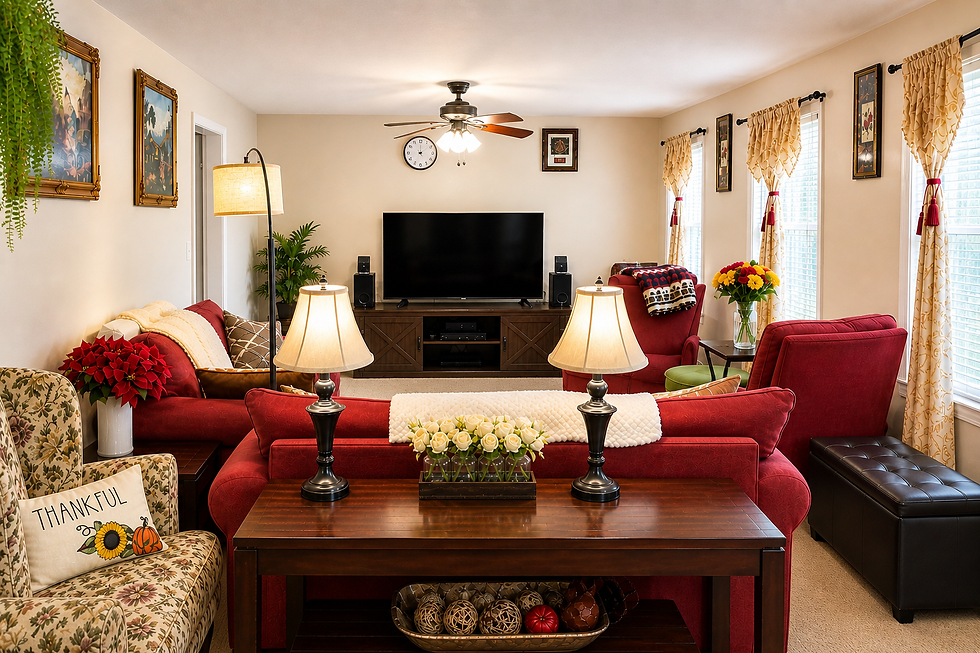 Eye-level view of a cozy living room in a personal care home with soft lighting and comfortable seating