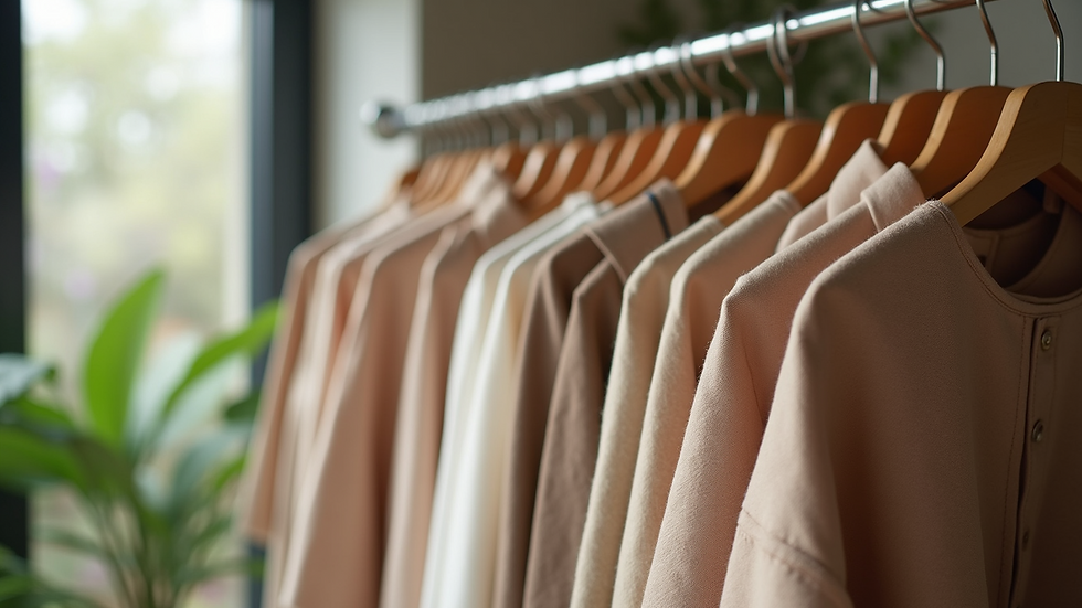 Eye-level view of a clothing rack with sustainable fabric garments