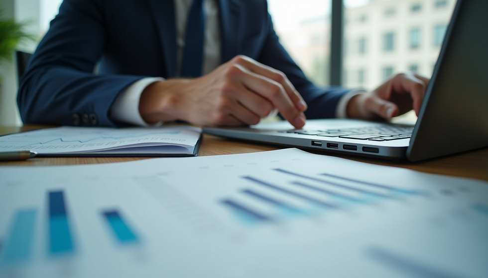 A person in a suit typing on a laptop at a desk with bar charts and papers. The setting is an office with a window view, bright and focused.