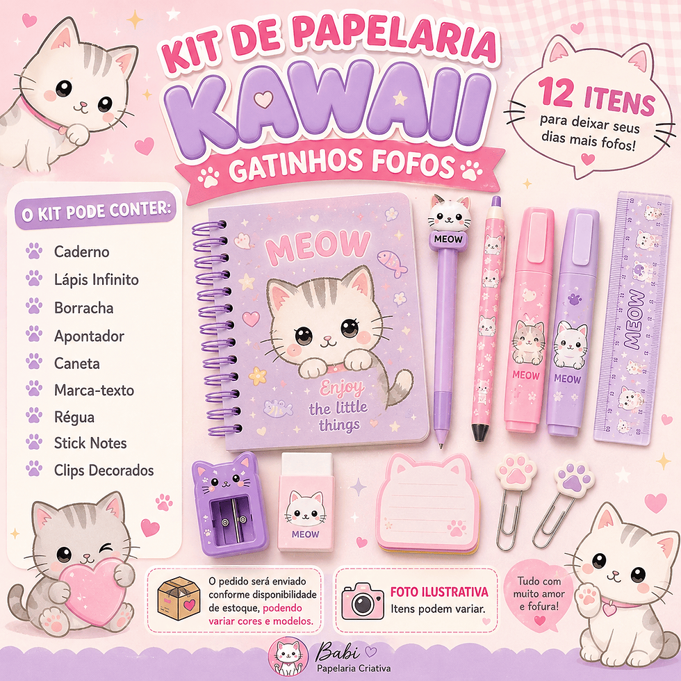 Miniatura: Kit Papelaria Kawaii Gatinhos Fofos 12 Itens Caderno + Canetas + Marca Texto + S