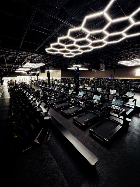 Modern gym with rows of treadmills and hexagonal lights | Alpha Gym Fitness | Orlando, Fl