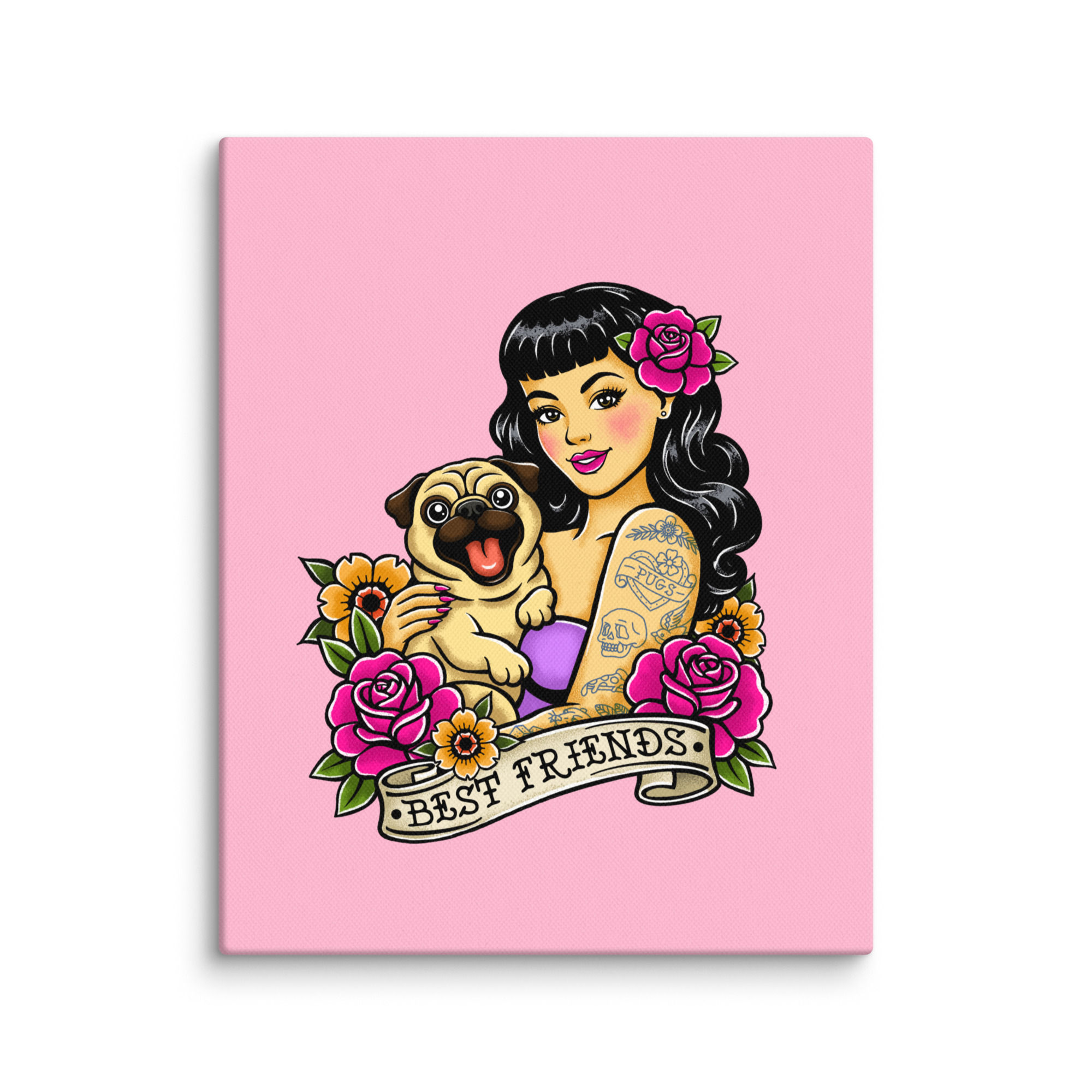 Tattoo Pinup Girl with Pug “Best Friends” Canvas Print 8x10 Wall Art