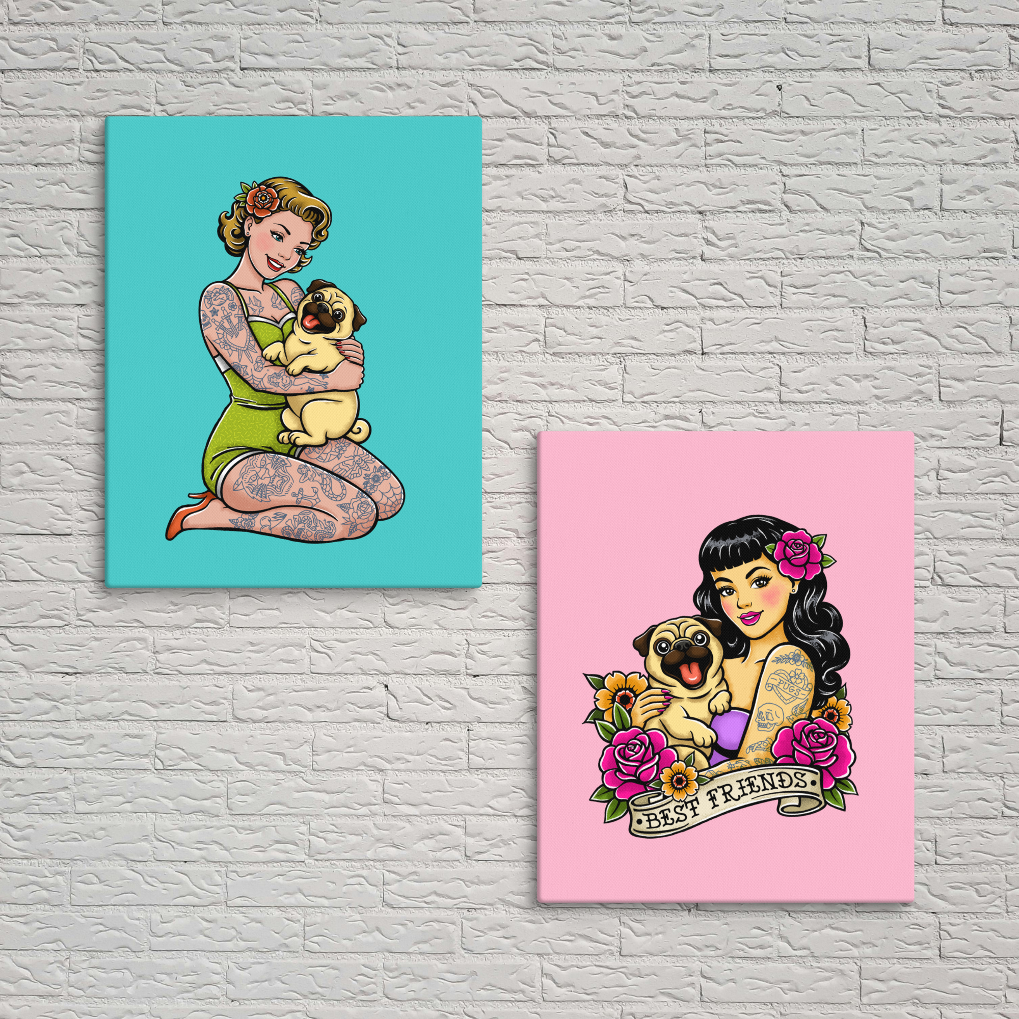 Tattoo Pinup Girl with Pug Canvas Print Set 8x10 Wall Art (Set of 2)