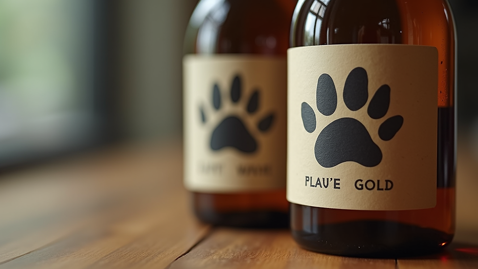 Close-up view of a bottle with a paw print label, symbolizing support for animal rescue