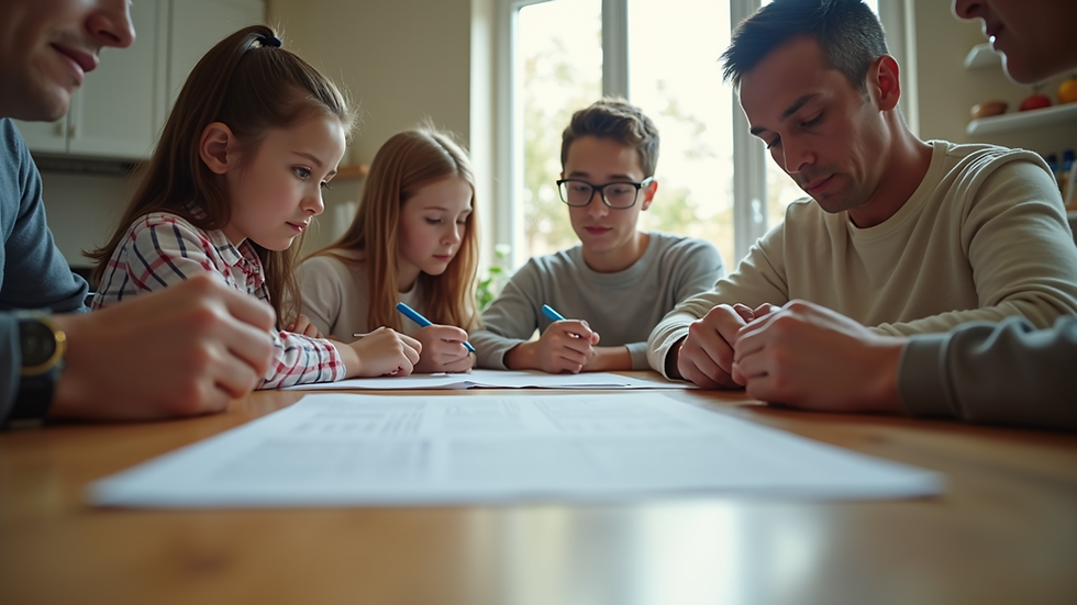 Eye-level view of a family reviewing insurance documents at a kitchen table