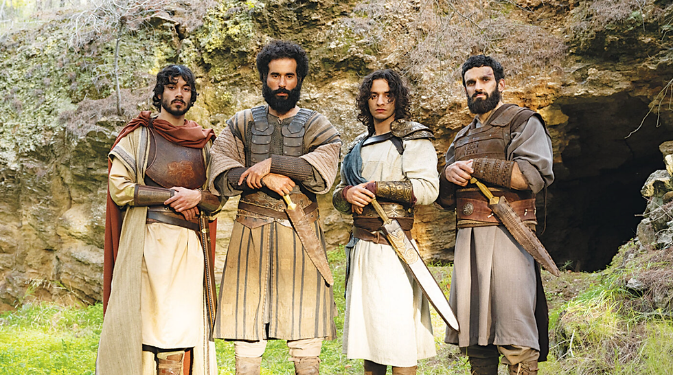 Actors Sam Otto as Eshbaal, Alexander Uloom as Abinadab, Ethan Kai as Jonathan, actor Michael Iskander as David, and Davood Ghadami as Eliab on House of David | PRIME.