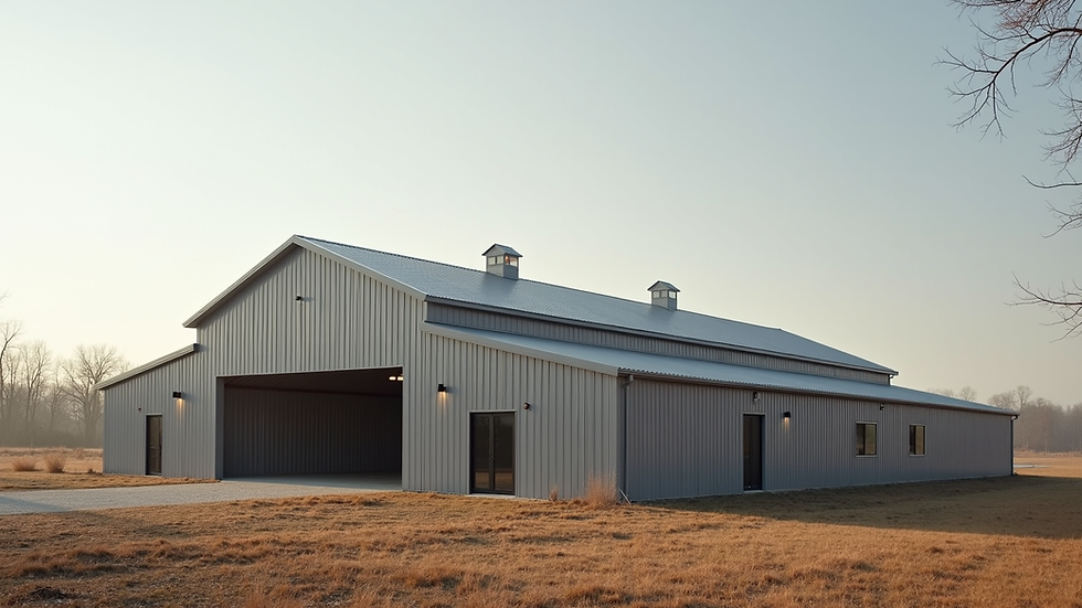 Wide angle view of a modern barndominium with a metal exterior