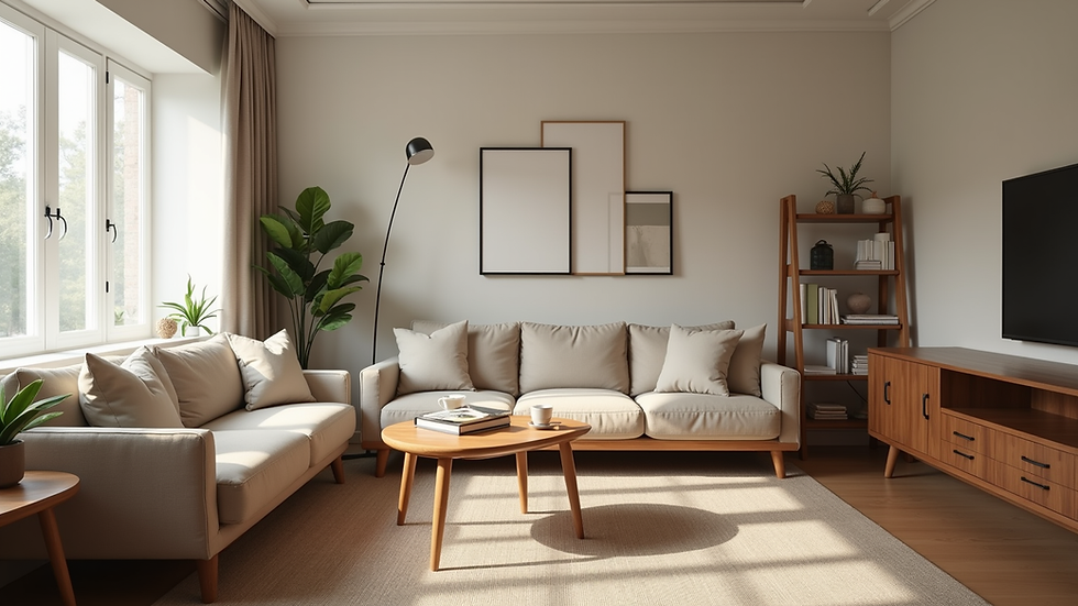 Eye-level view of a cozy short-term rental living room
