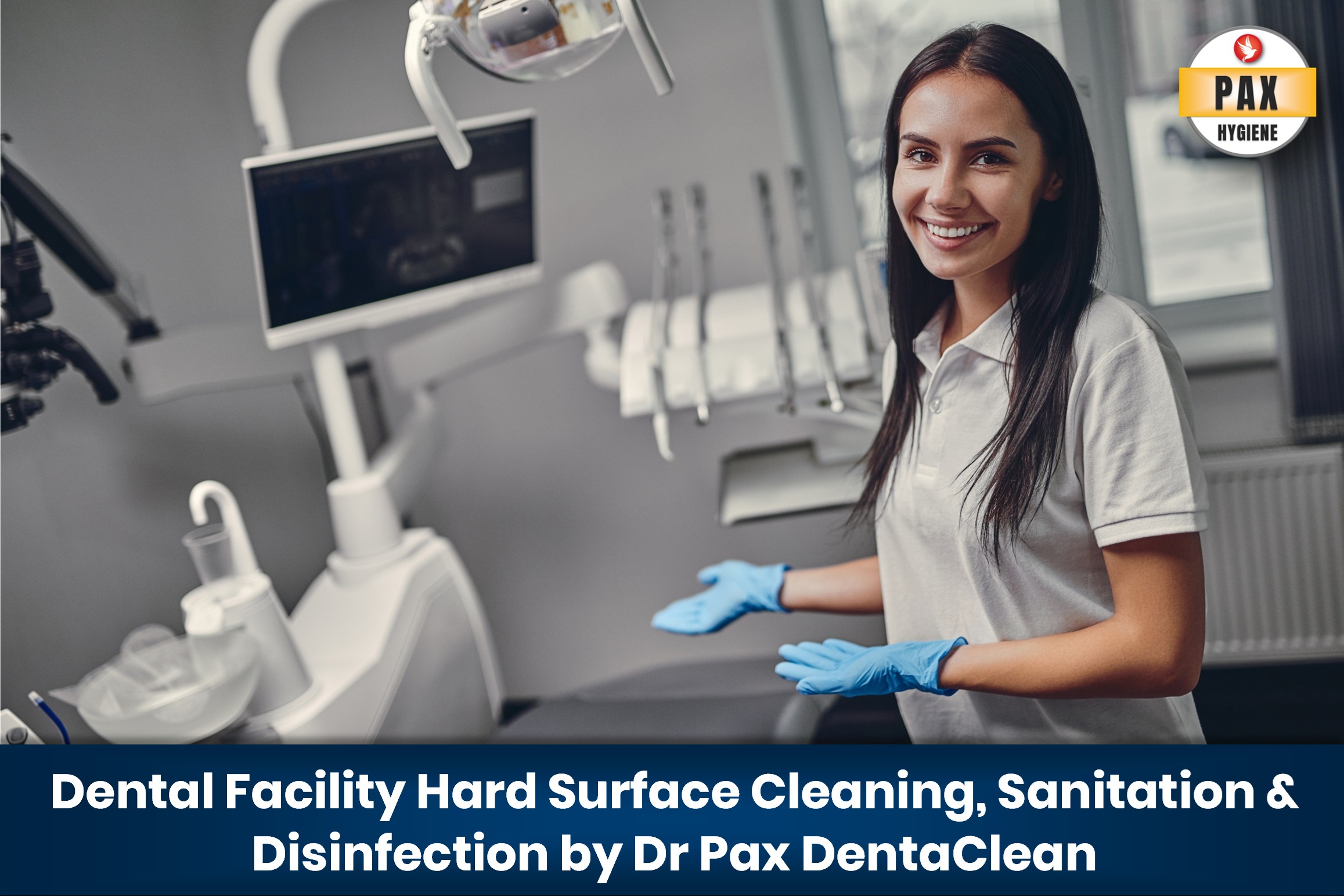 Dental professional cleaning treatment room surfaces with Dr Pax DentaClean solution, showing sanitized clinical environment.