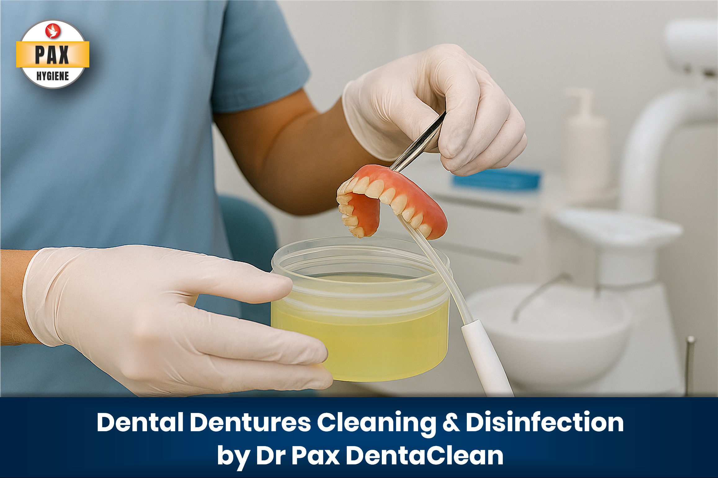 Dr Pax DentaClean disinfecting PMMA and thermoplastic dentures in a clear solution bath.