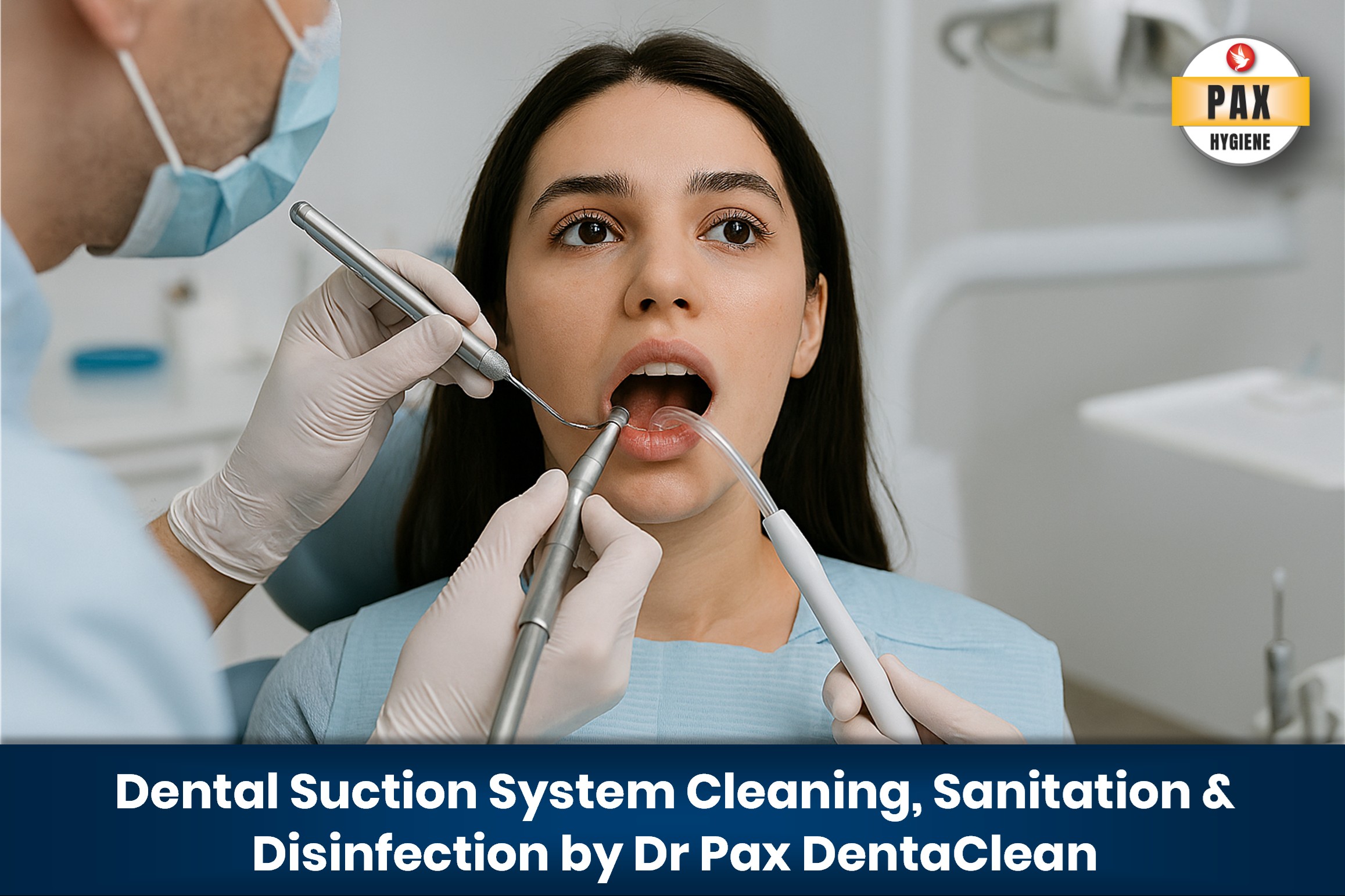 Dental suction aspirator in clinical use showing the type of equipment cleaned and disinfected by Dr Pax DentaClean solution.