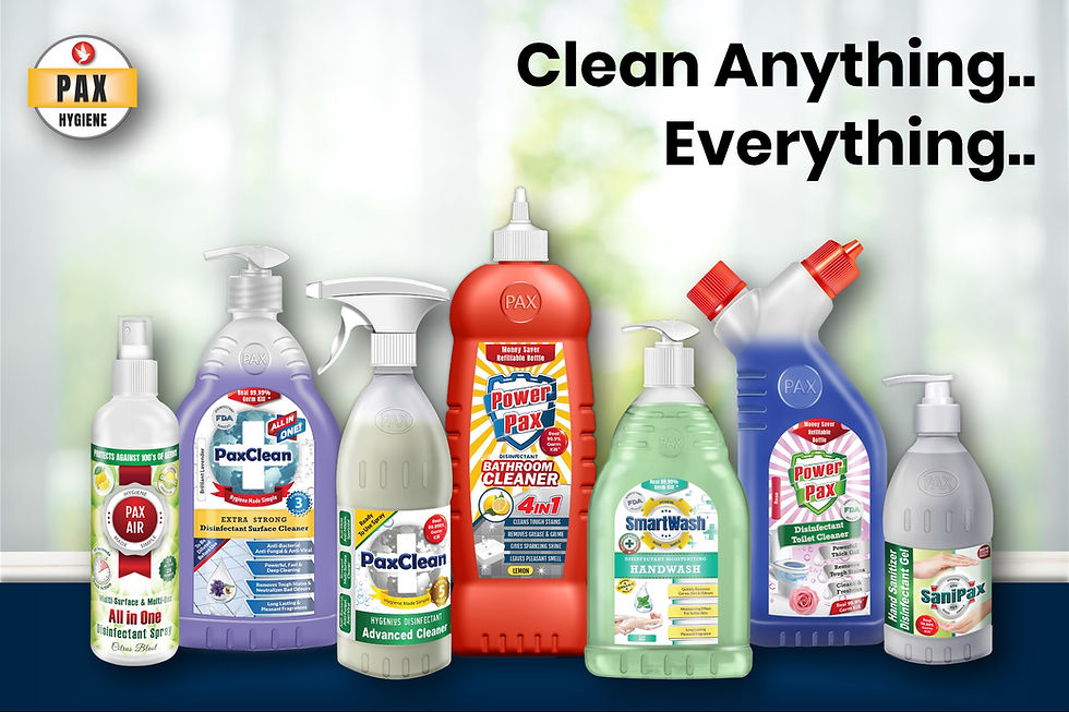 Complete Pax cleaning product range including disinfectants, hand sanitizers, surface cleaners, bathroom cleaners and multi-purpose hygiene solutions