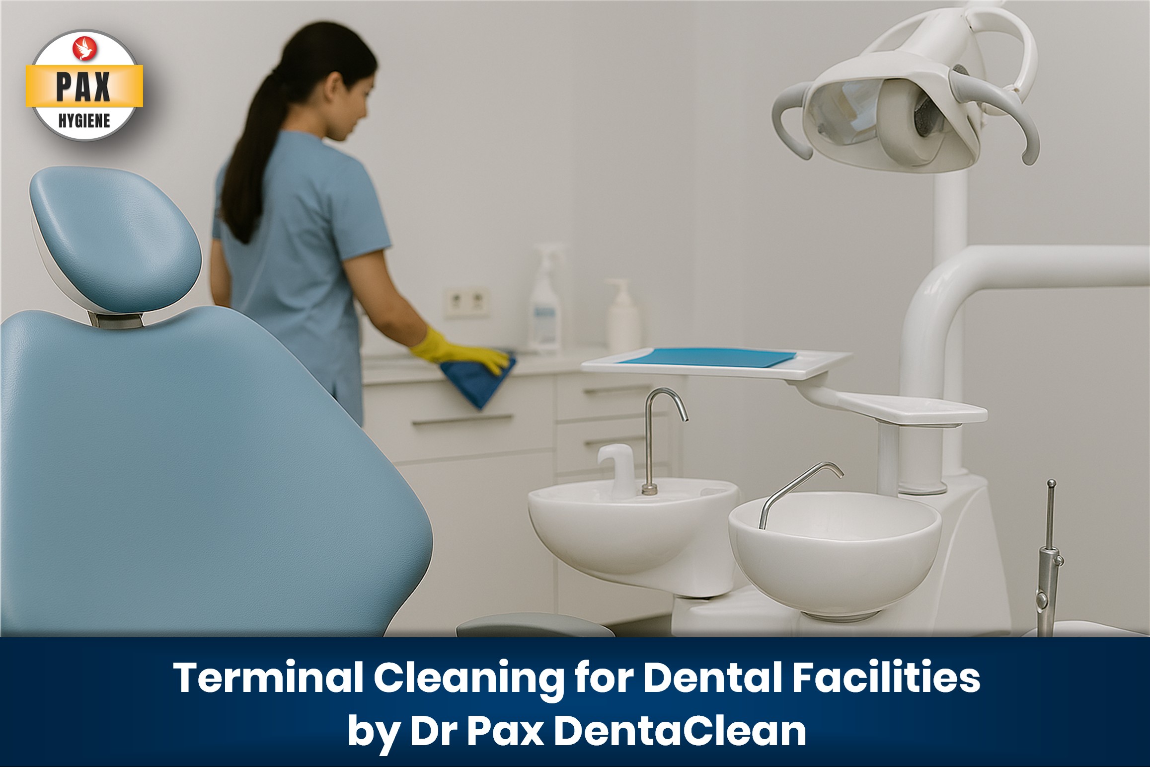 Dr Pax DentaClean being applied during systematic 5-10 minute dental clinic terminal cleaning with staff disinfecting high-touch surfaces.