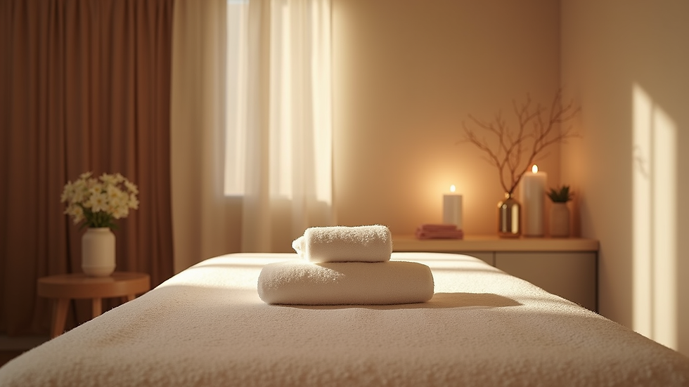 Eye-level view of a massage room with a neatly arranged table and soft lighting