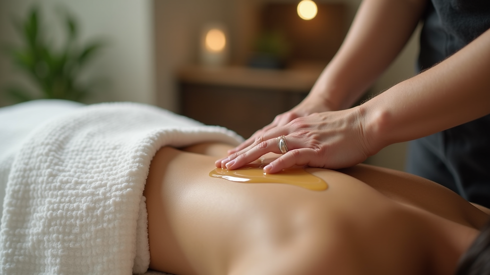 Close-up view of a massage therapist’s hands applying oil on a client’s back