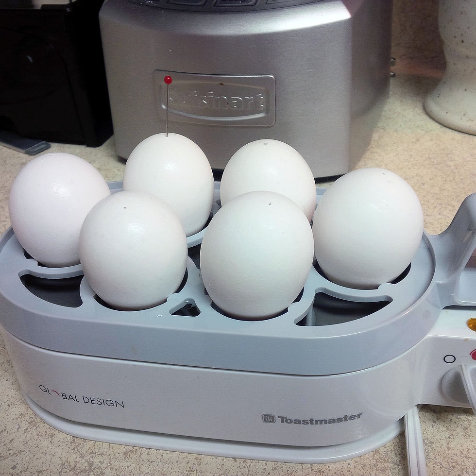 Eggs in cooker with hole poked in top of each with pin