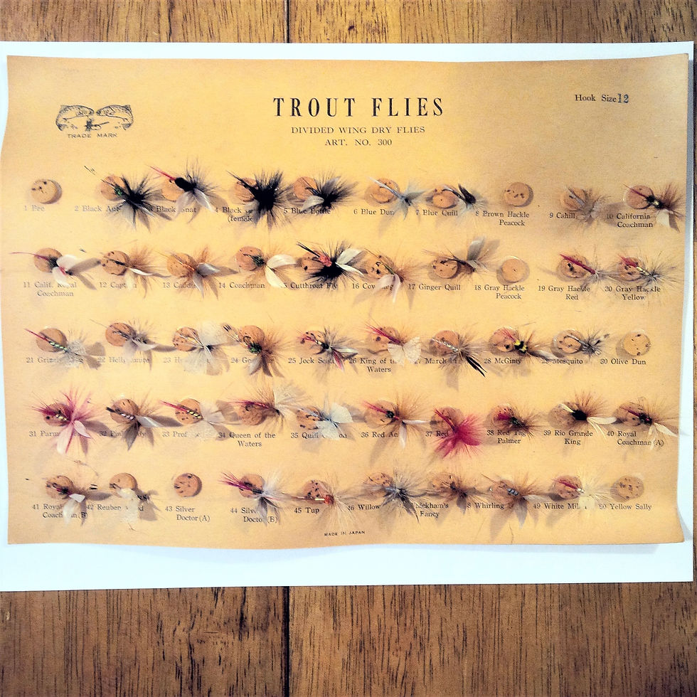 44 Divided-Wing Trout Flies on Corks & Vintage Aged Paper