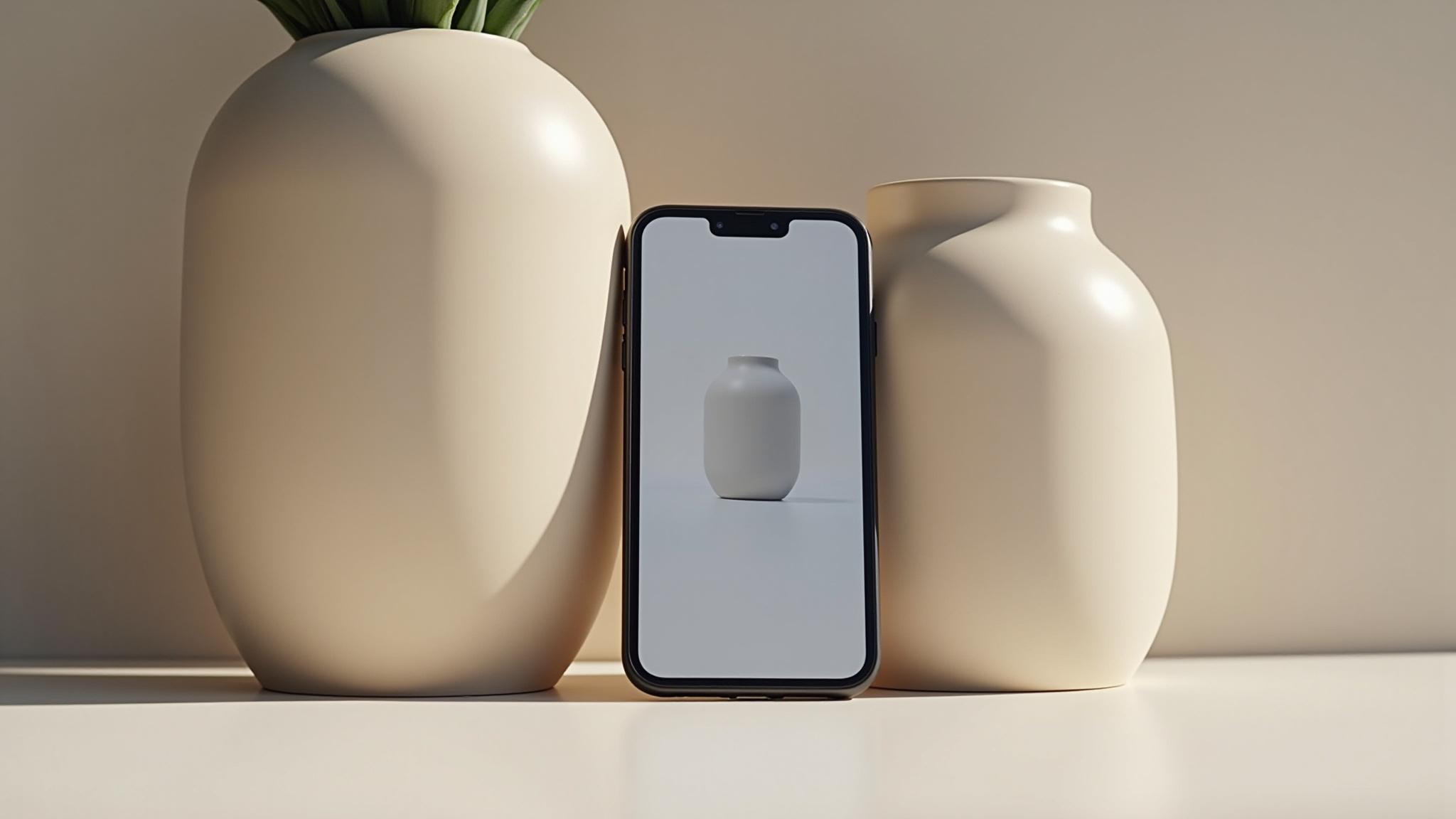 Smartphone com imagem de vaso, entre dois vasos de cerâmica