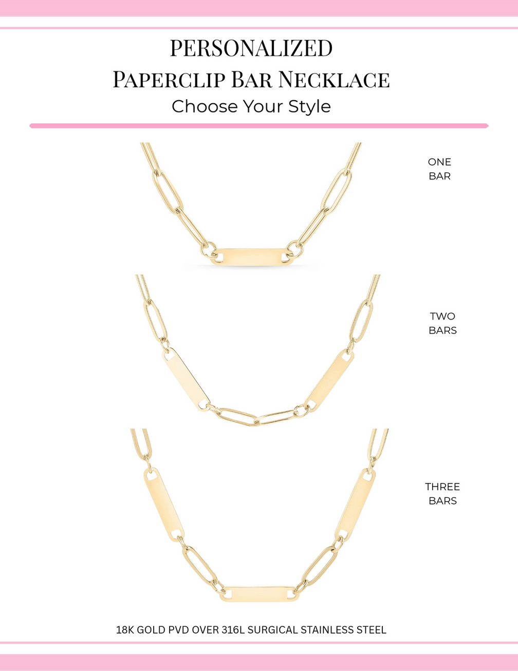 Personalized Paperclip Bar Necklaces - Shown in 18K Gold PVD Plated SS