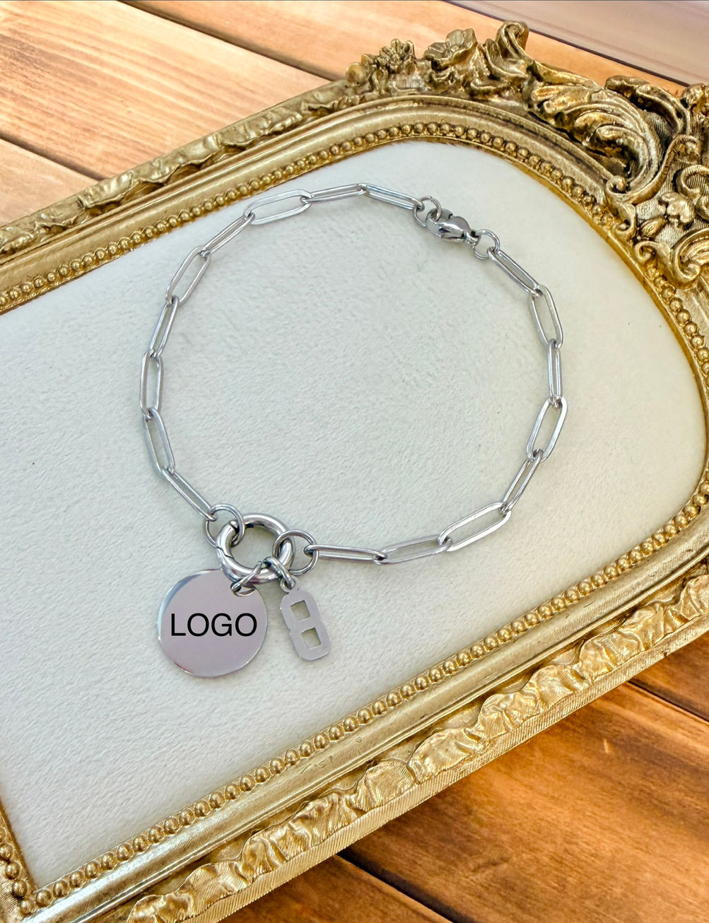 Jersey Number Charm 8 shown on Charm Keeper Medallion Bracelet in Polished Stainless Steel Finish