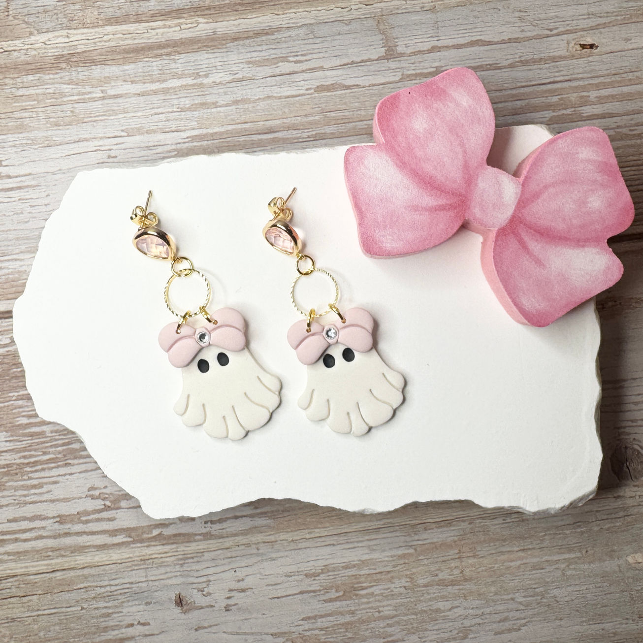 Boo-La-La Handmade Polymer Clay Earrings - Ghost with pink bow and a pink glass stud