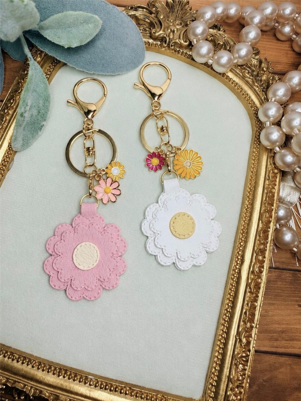 Handmade polymer clay Daisy Days key ring - bag charm with gold hardware and charms.