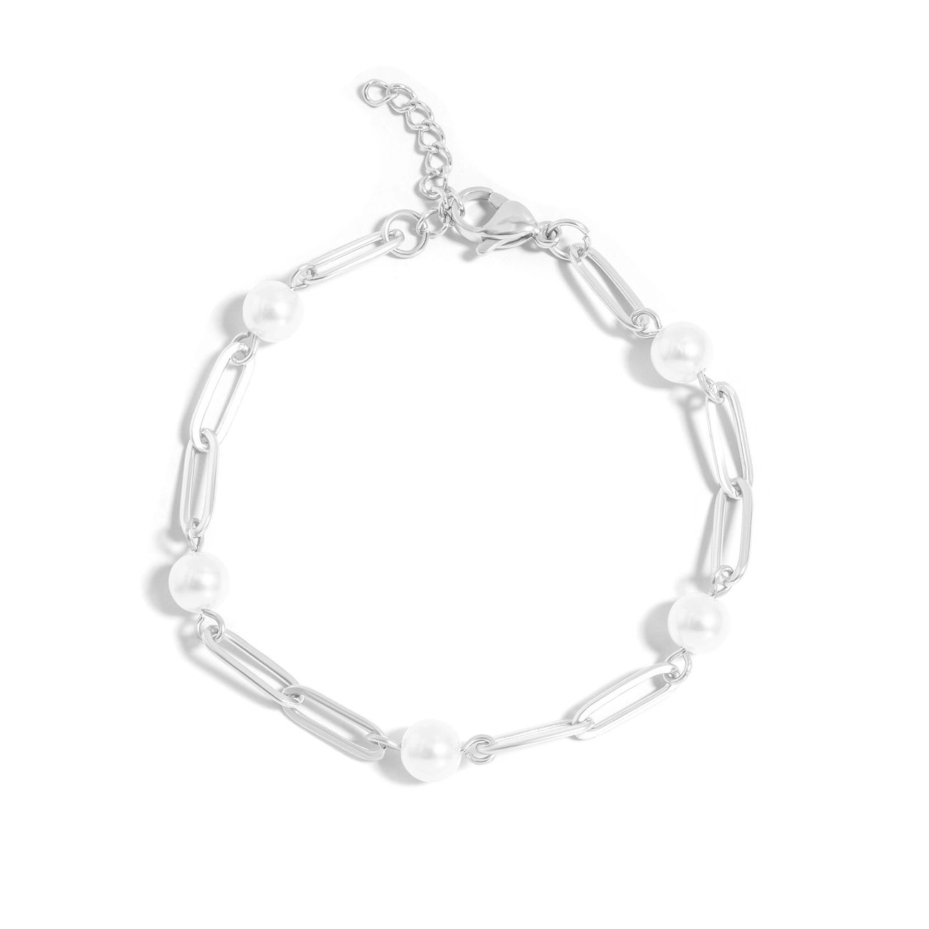 Polished 316L Stainless Steel Station Paperclip Pearl Bracelet
