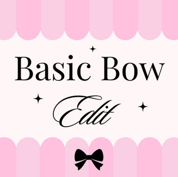 Pink and cream scalloped graphic with the words “Basic Bow Edit” in elegant script, star accents, and a black bow icon, representing the Pink Bow Clay Co. custom earring experience.