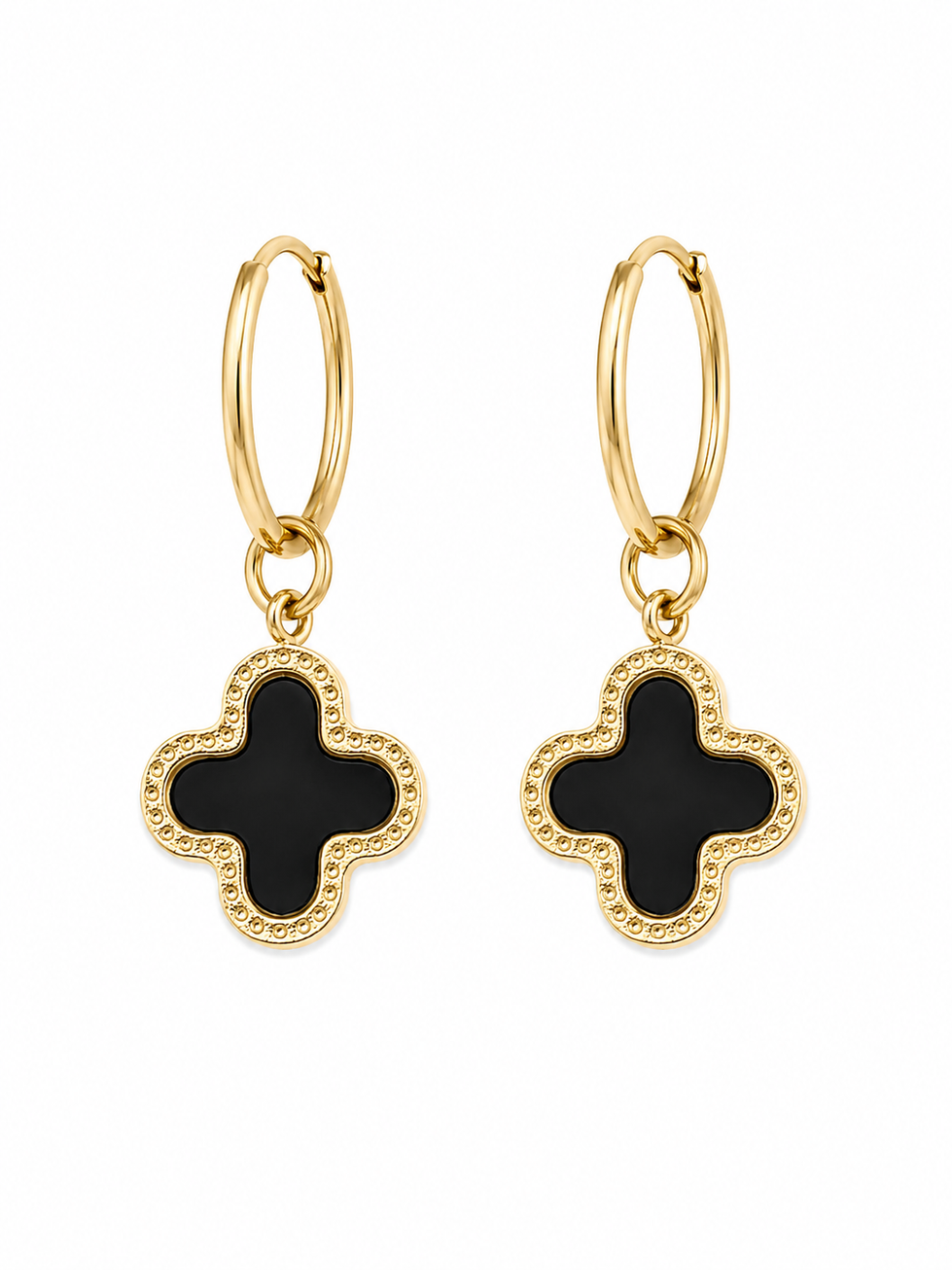 Lucky Clover 16mm Hoop Earrings - Black Clover Charm 18K Gold PVD Plated 316L Stainless Steel