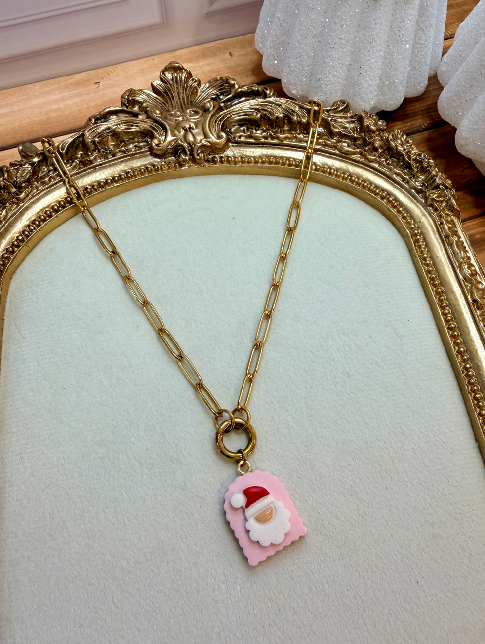 Santa Baby - Polymer Clay Charm styled on 18K Gold PVD Plated Charm Keeper Necklace