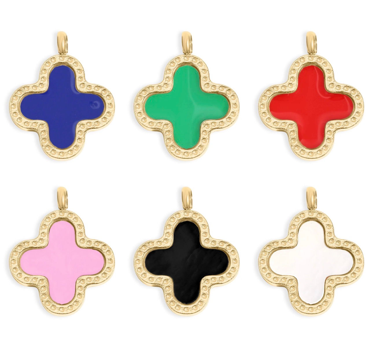 Lucky Clover Charms in six colors shown without jumprings 18K Gold PVD Plated 316L Stainless Steel