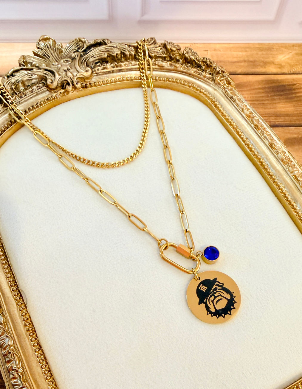 TR Devildog - Layered Carabiner Medallion Necklace shown in 18K Gold PVD Plated SS