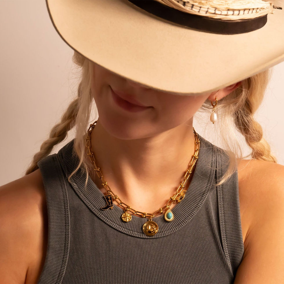 Cowboy Hat Charm shown in 18K Gold PVD Plated Stainless Steel on model wearing paperclip charm necklace.