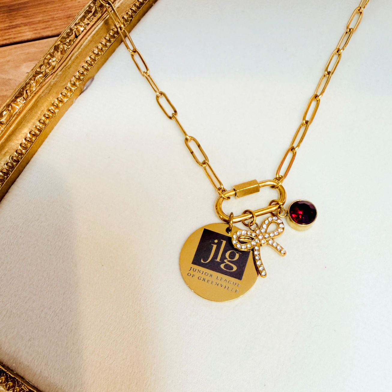 JLG Carabiner Medallion Necklace shown in 18K Gold PVD Plated SS