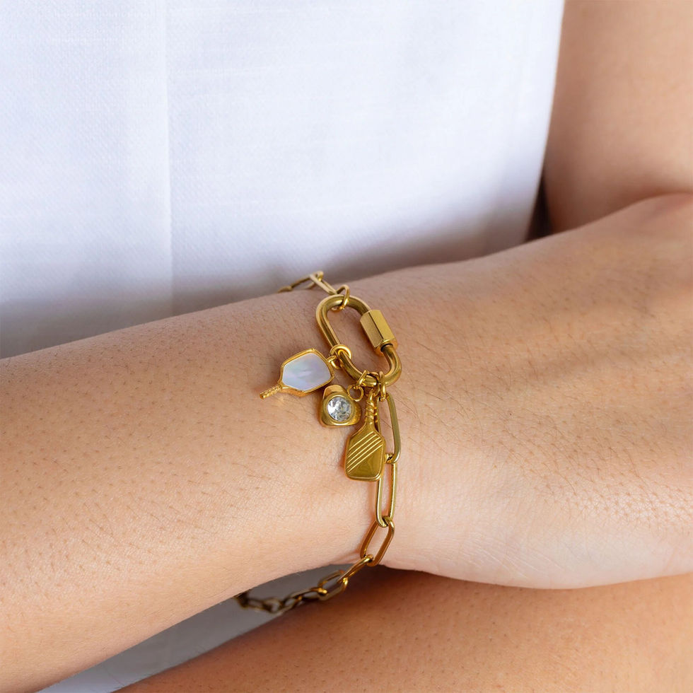 18K Gold PVD Plated Mother of Pearl Pickleball Charm - Shown on Carabiner Bracelet