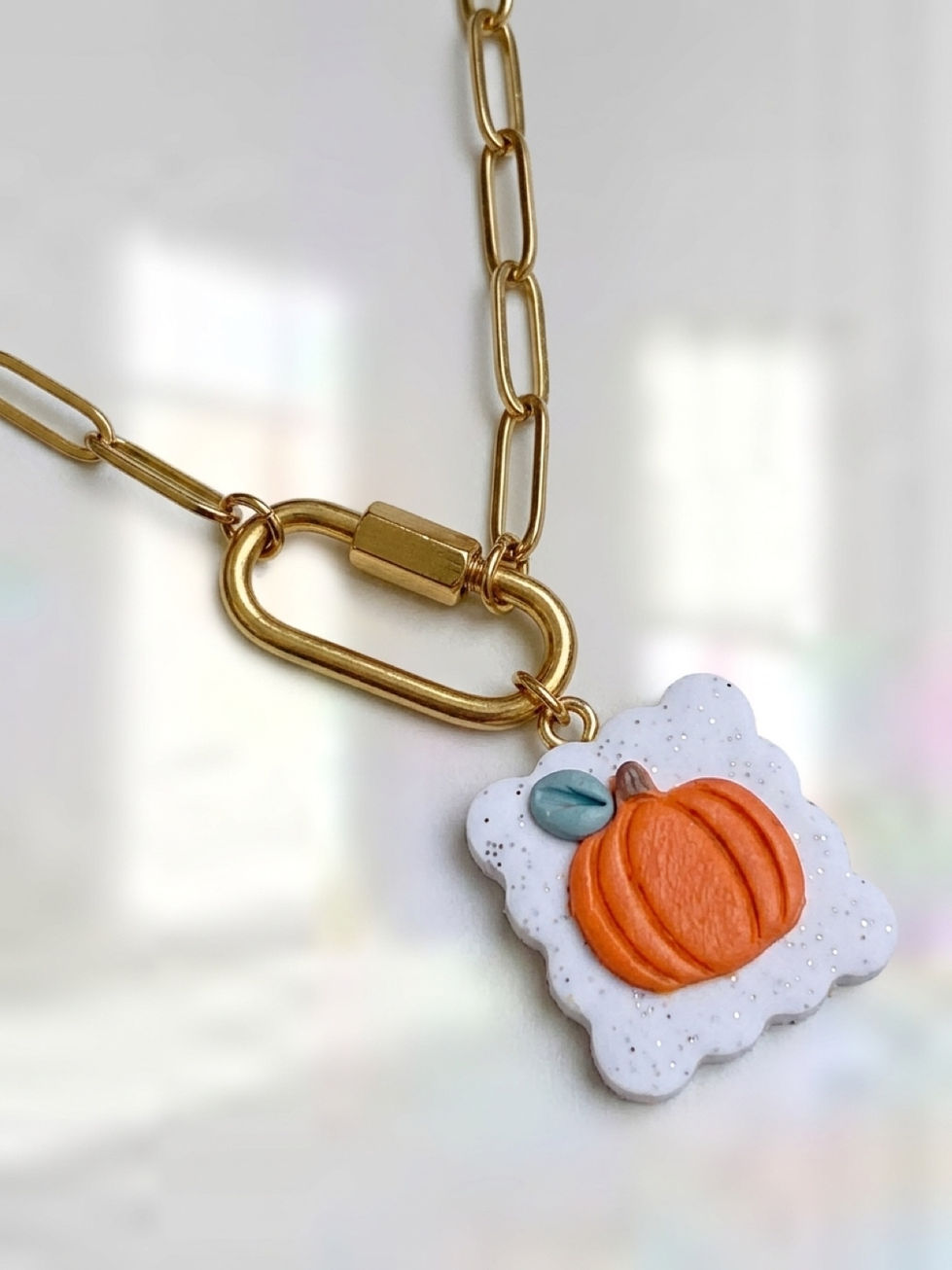 Lifestyle Pumpkin Patch - Polymer Clay Charm styled on 18K Gold PVD Plated Carabiner Necklace