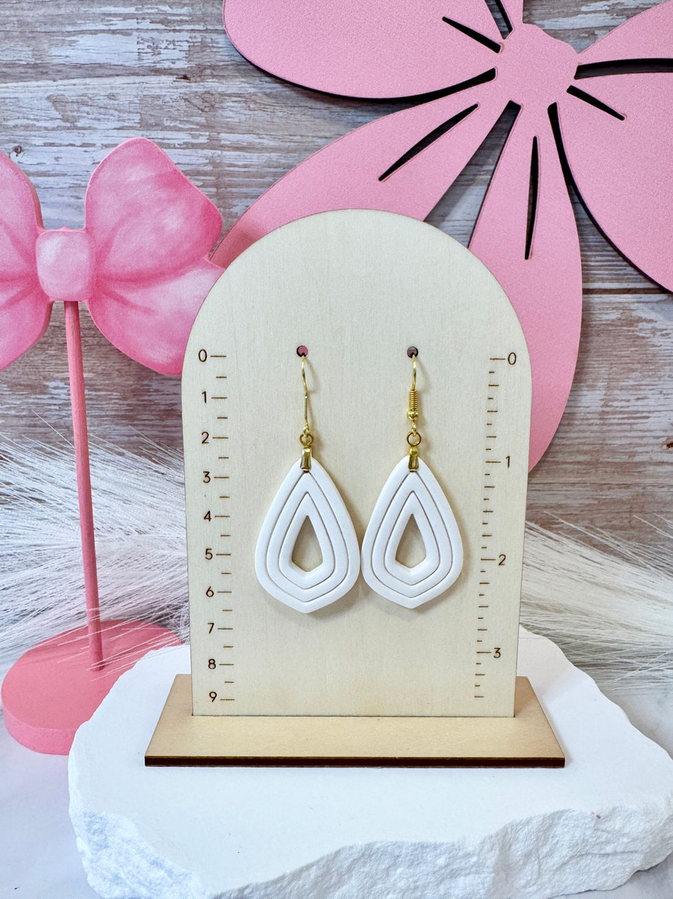 Hazel - Sculpted Fancy Tear Drop Polymer Clay Earrings (White on ruler board))