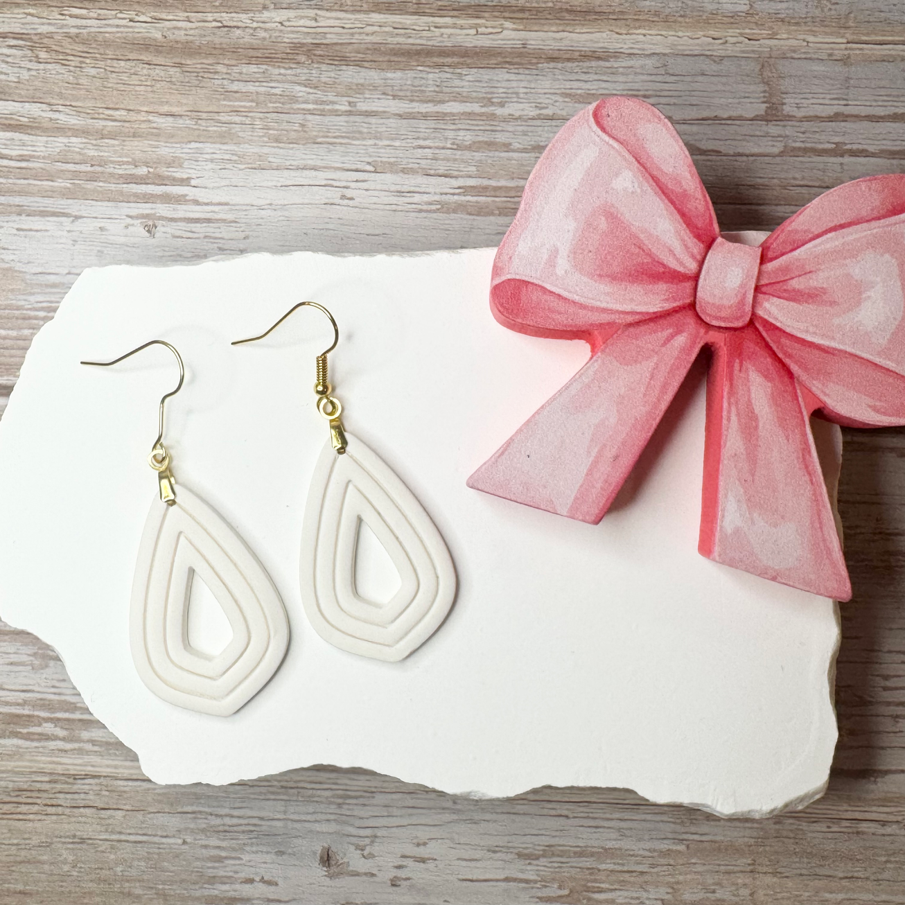Hazel - Sculpted Fancy Tear Drop Polymer Clay Earrings (White)