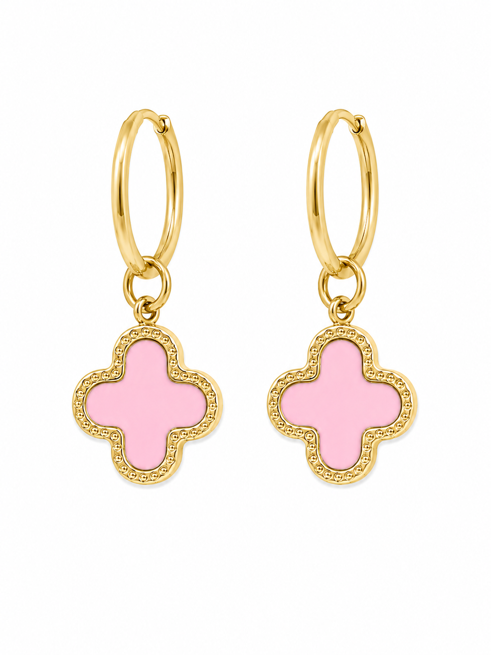 Lucky Clover 16mm Hoop Earrings - Pink Clover Charm 18K Gold PVD Plated 316L Stainless Steel