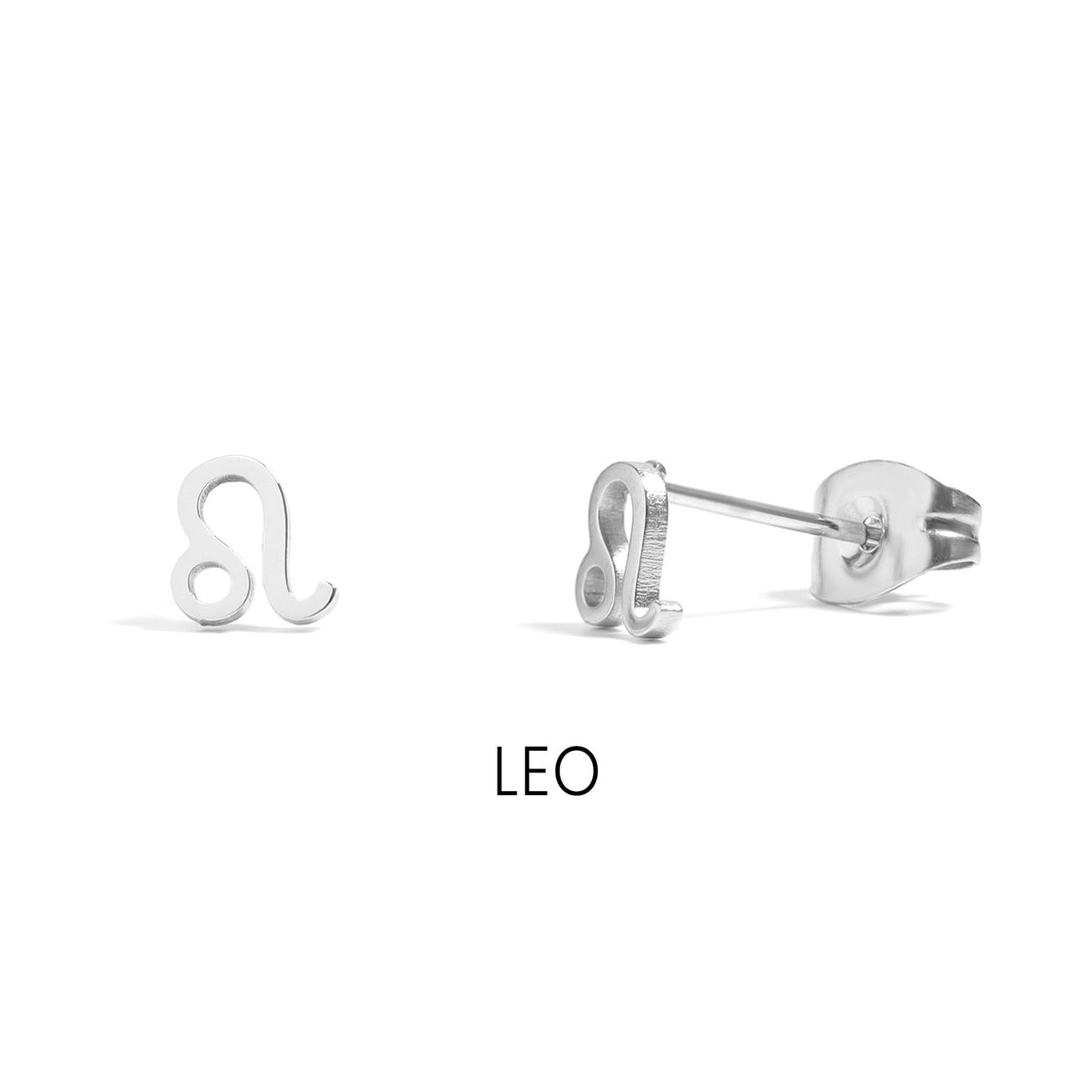 Silver Leo Zodiac Stud Earrings with astrological symbol