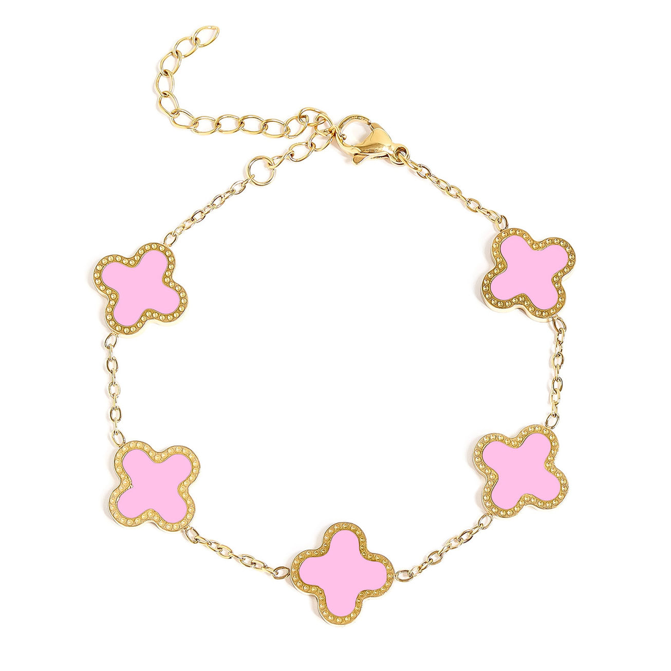 PVD Plated 18K Gold Lucky Clover Bracelet shown in Pink