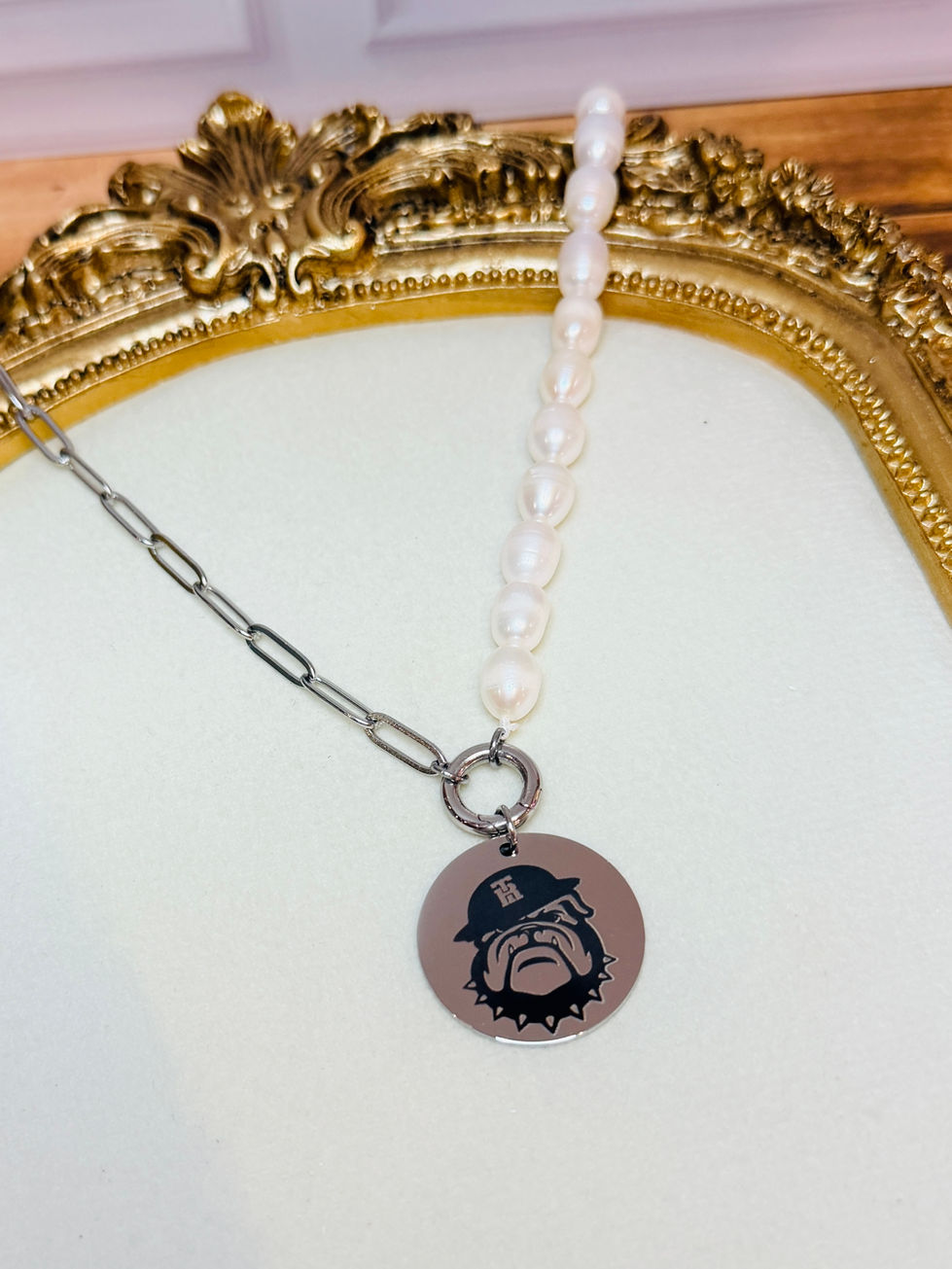 Devildog Pearl & Paperclip Charm Necklace shown in 316L Polished Stainless Steel