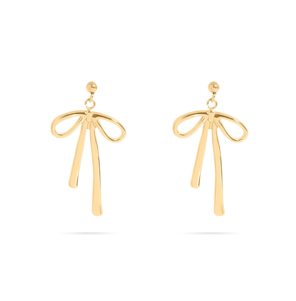 Close up of the Ribbon Bow Earrings shown in 18K Gold PVD plated 316L SS