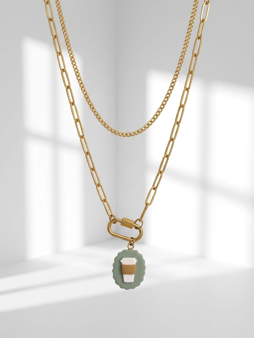 Lifestyle Cozy Cup - Polymer Clay Charm styled on 18K Gold PVD Plated Layered Carabiner Necklace