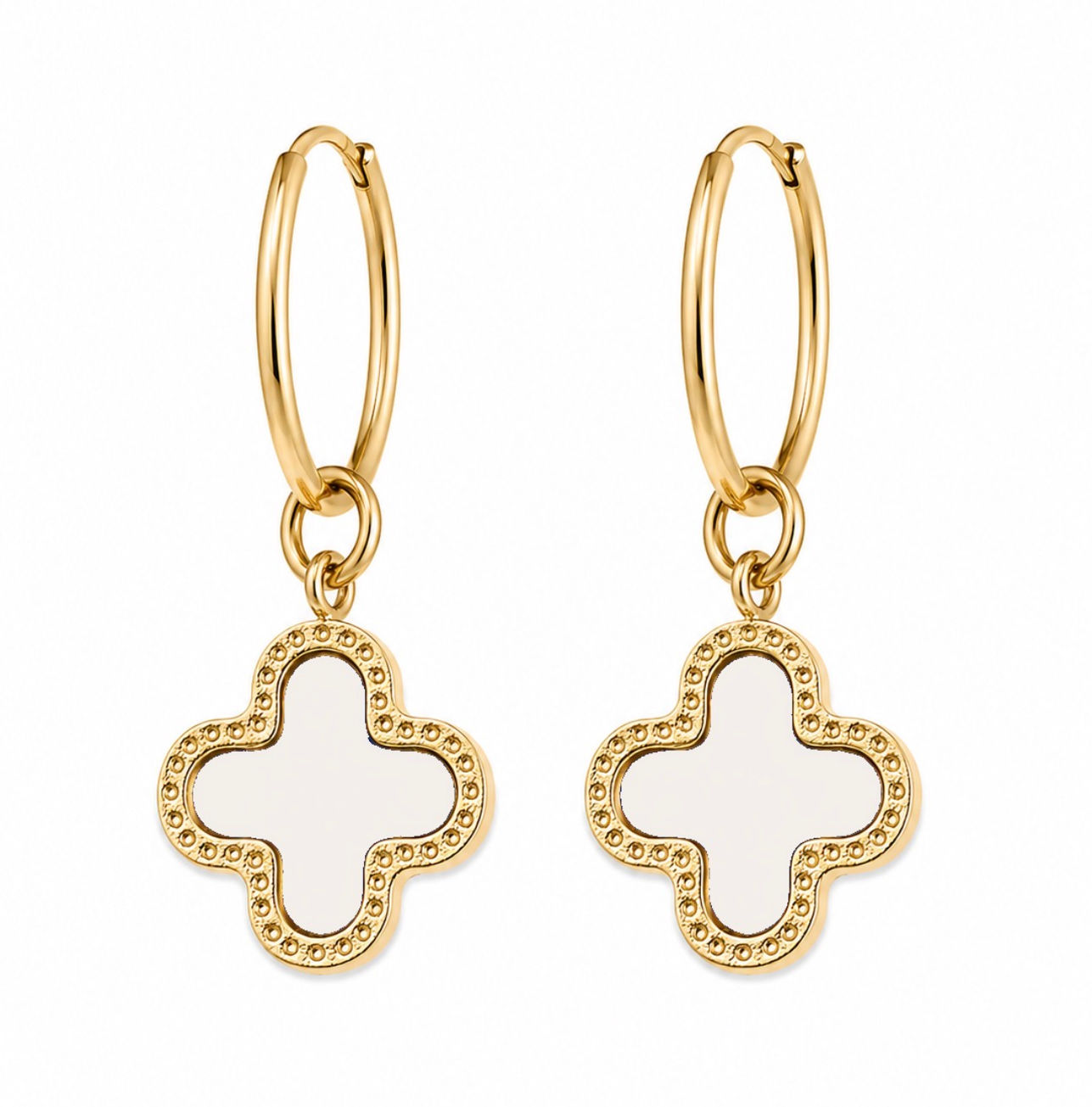 Lucky Clover 16mm Hoop Earrings - Pearl Clover Charm 18K Gold PVD Plated 316L Stainless Steel